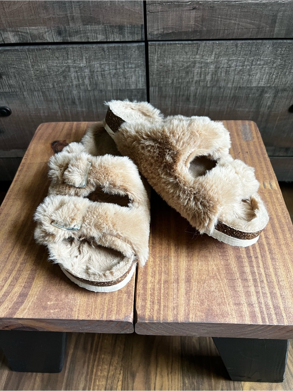 Women's Furry Slide Sandals in Light Beige